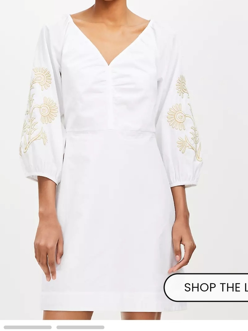 Loft Floral Embroidered Poplin Shirred Mini White Dress With Puff Sleeves Size 6